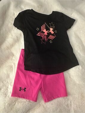 Under Armour Black Tee with Pink Star Logo & Hot Pink Shorts